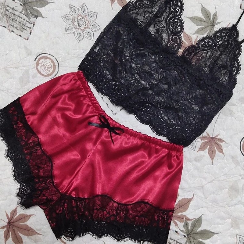 Women Lace 2 Piece Pajama Set With Top And Shorts 1