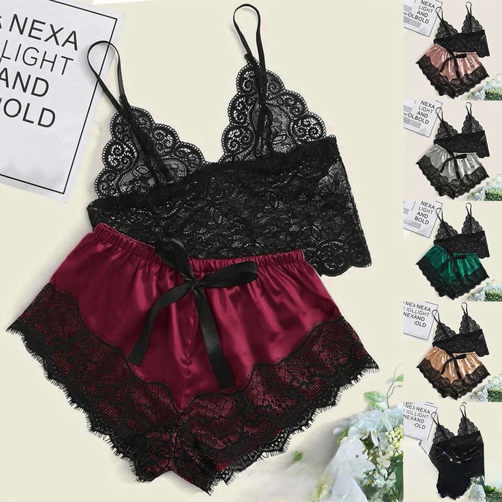 Women Lace 2 Piece Pajama Set With Top And Shorts 3