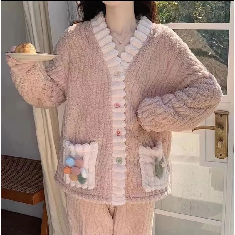 Women Thick Warm Flannel Winter Pajama Set With Cardigan 4