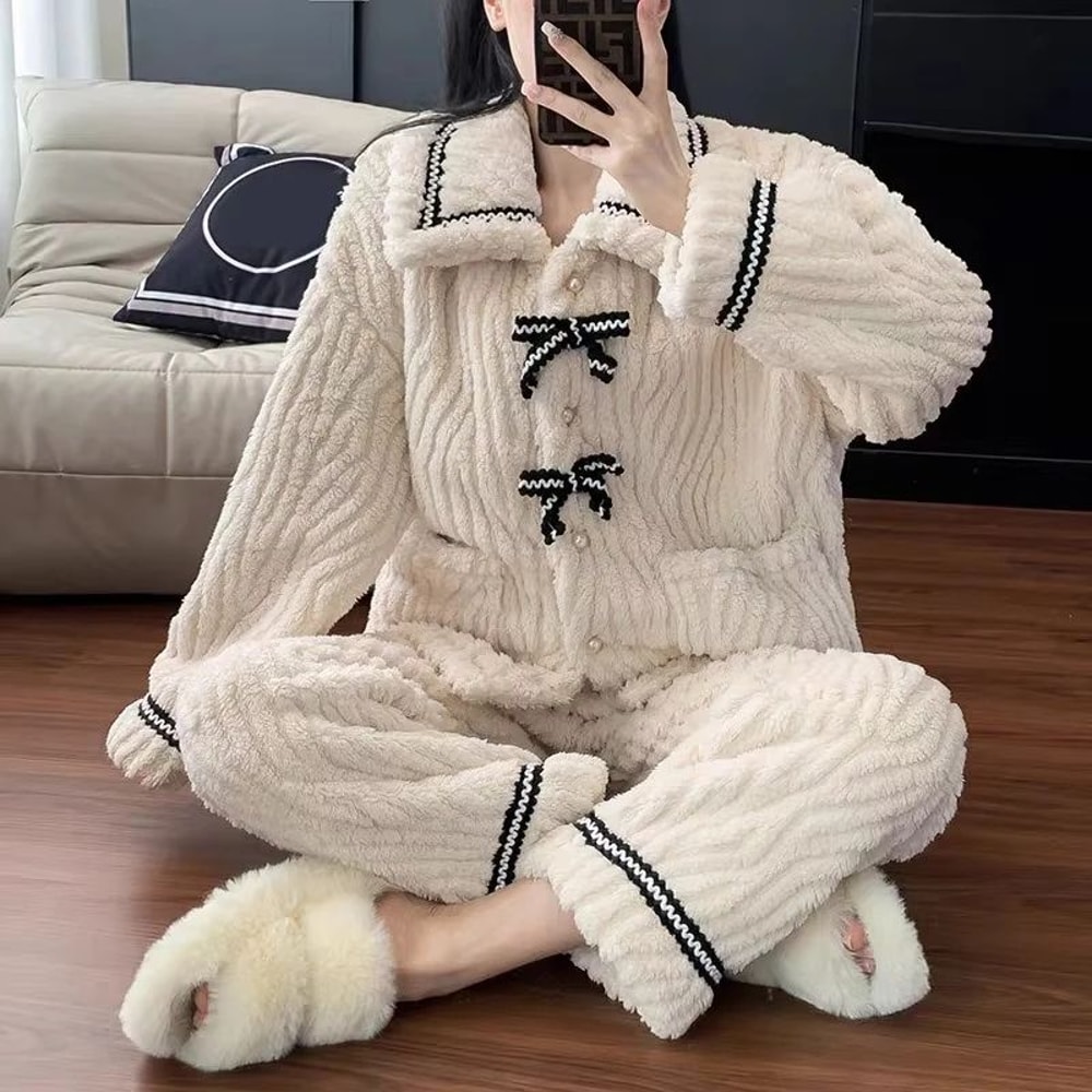 Women Autumn Winter Thick Warm Pajama Set 2 Pieces 1