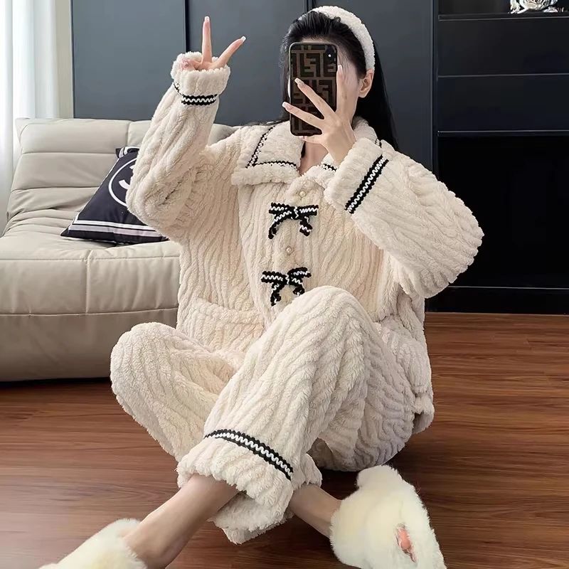 Women Autumn Winter Thick Warm Pajama Set 2 Pieces 2