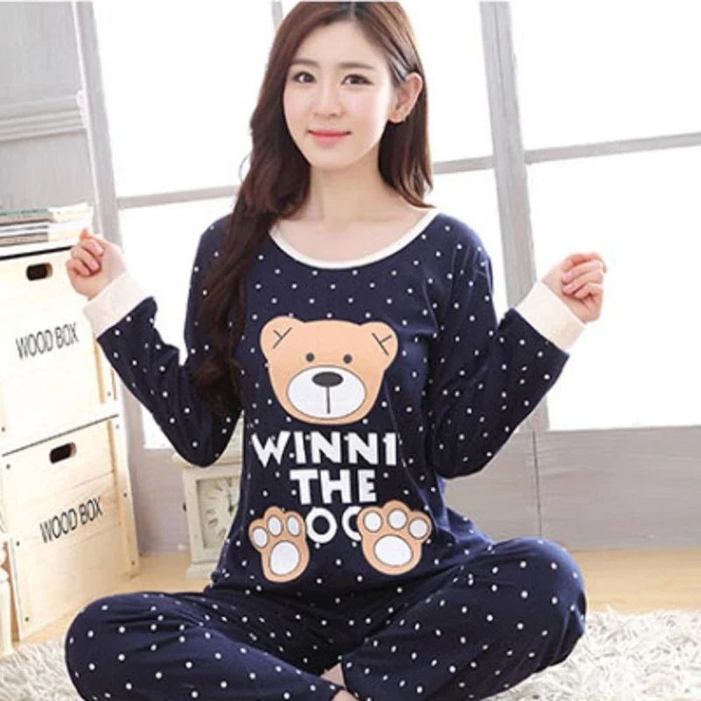 Women Autumn Thin Bear And Cat Print Pajama Set 10