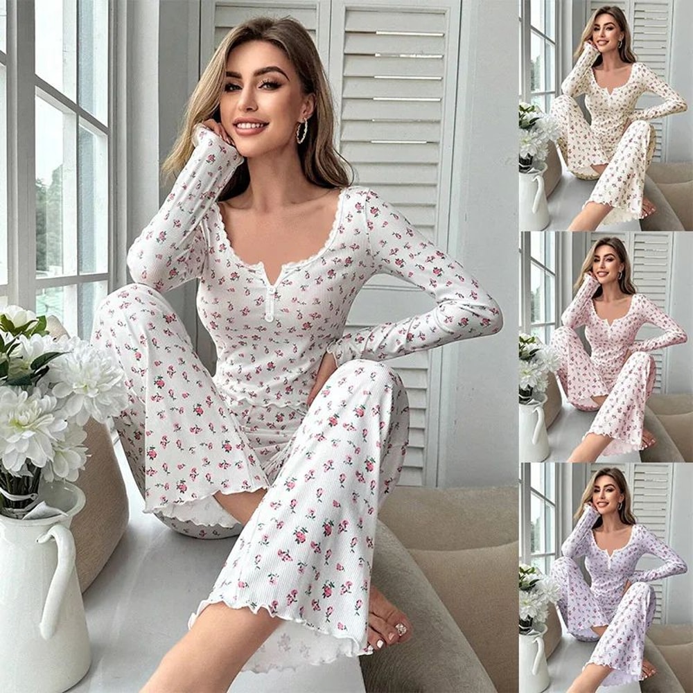 Women Floral Print Long Sleeve Pajama Set With Lettuce Trim 0