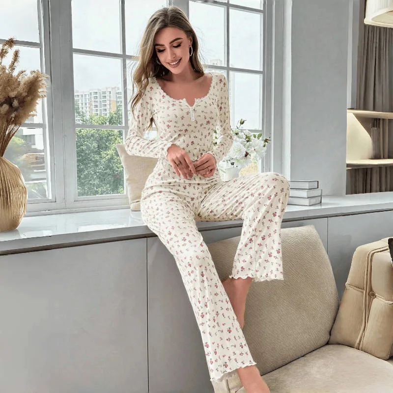 Women Floral Print Long Sleeve Pajama Set With Lettuce Trim 1