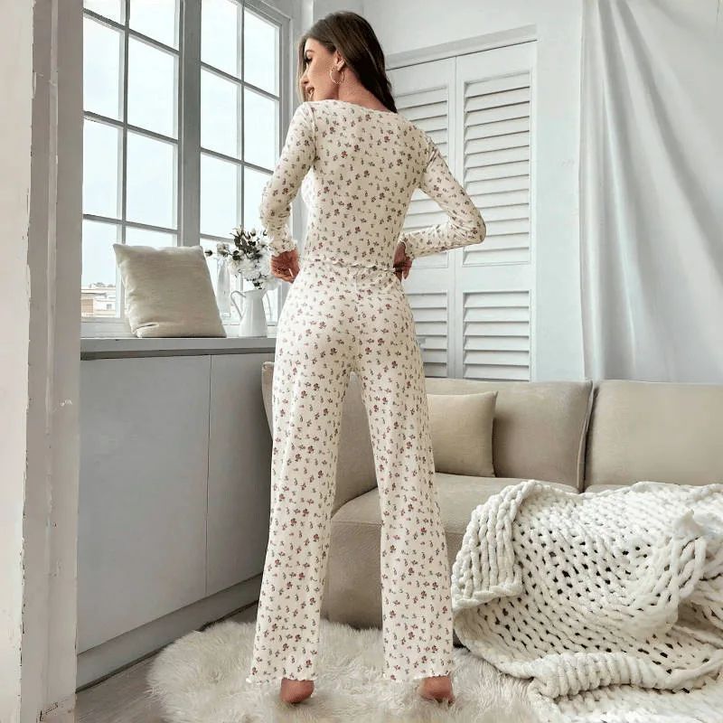Women Floral Print Long Sleeve Pajama Set With Lettuce Trim 3
