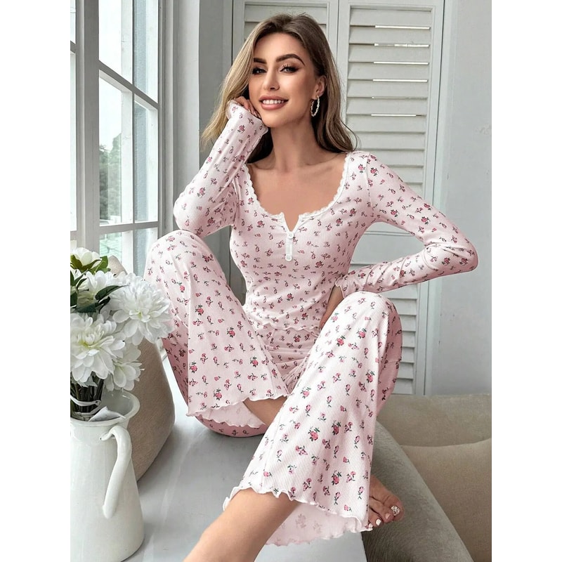 Women Floral Print Long Sleeve Pajama Set With Lettuce Trim 5