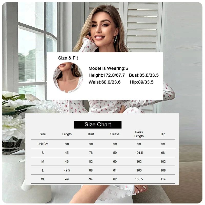 Women Floral Print Long Sleeve Pajama Set With Lettuce Trim 6