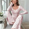 Women Floral Print Long Sleeve Pajama Set With Lettuce Trim 7