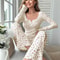 Women Floral Print Long Sleeve Pajama Set With Lettuce Trim 10