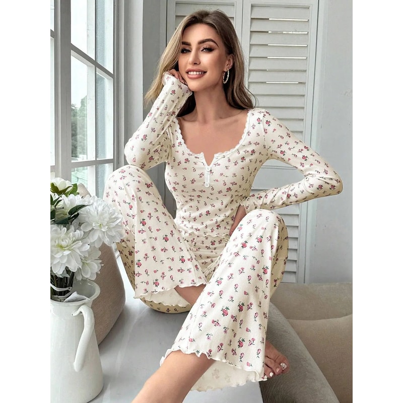 Women Floral Print Long Sleeve Pajama Set With Lettuce Trim 10