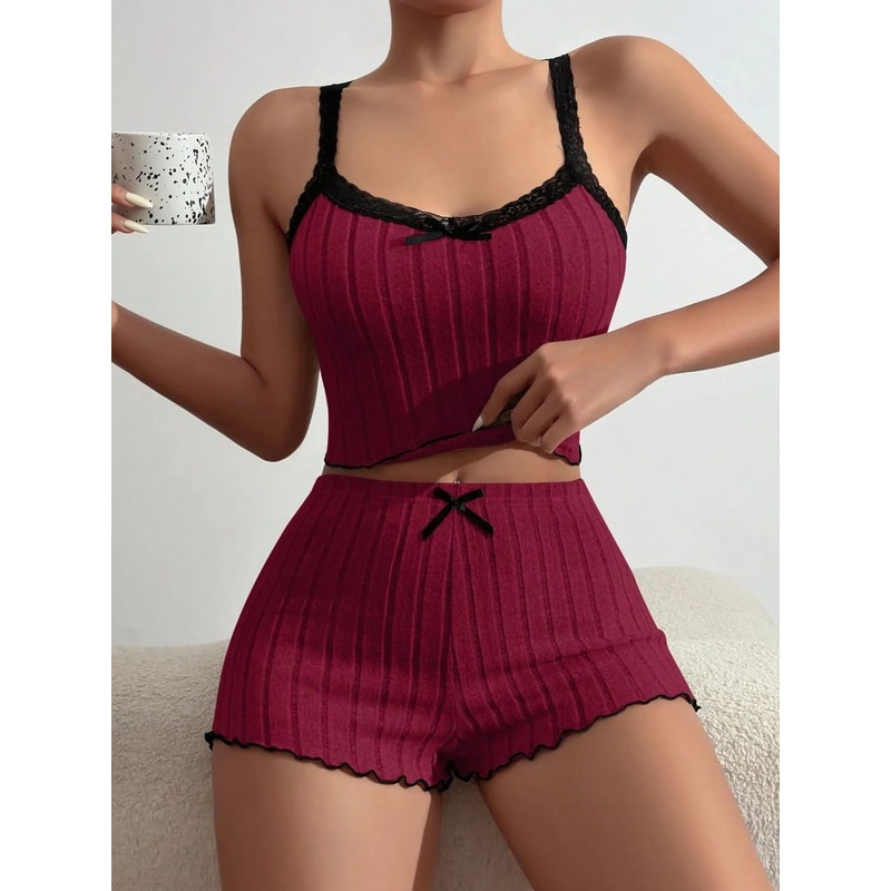 Women Summer Ribbed Knit Lace Trim Cami Pajama Set 6