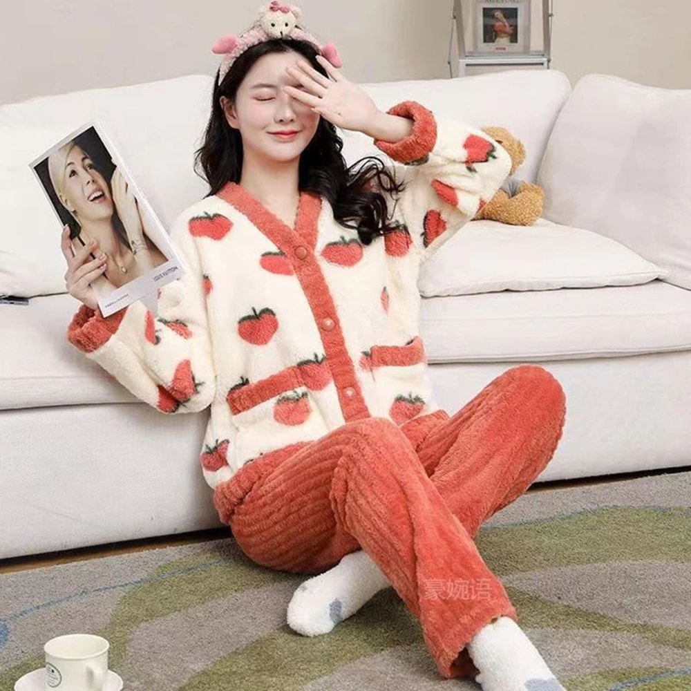 Women Winter Thick Warm Coral Velvet Pajama Set 3