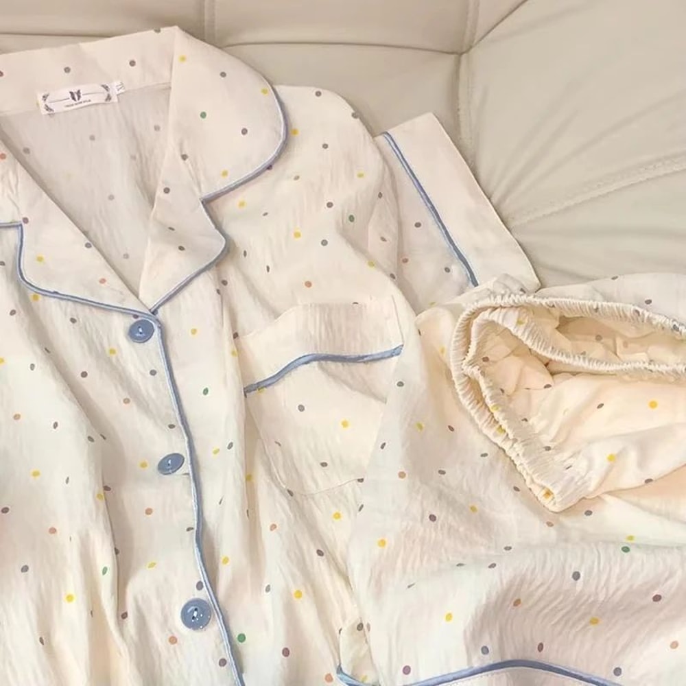 Women Polka Dot Cotton Pajama Set With Short Sleeve Top And Shorts 2