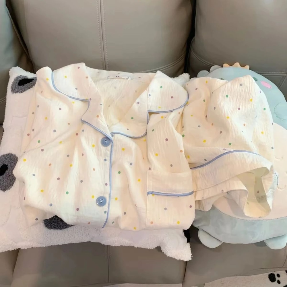 Women Polka Dot Cotton Pajama Set With Short Sleeve Top And Shorts 3