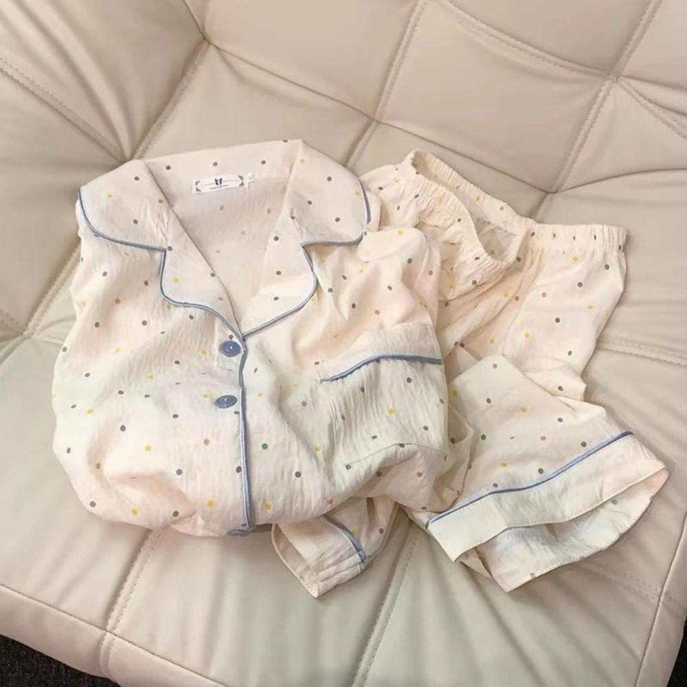 Women Polka Dot Cotton Pajama Set With Short Sleeve Top And Shorts 4