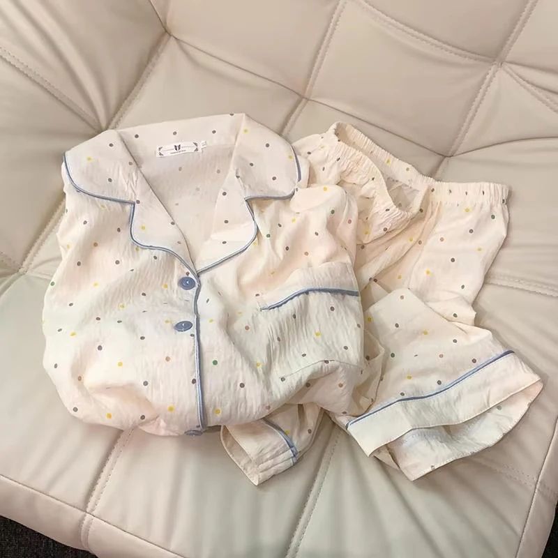 Women Polka Dot Cotton Pajama Set With Short Sleeve Top And Shorts 4