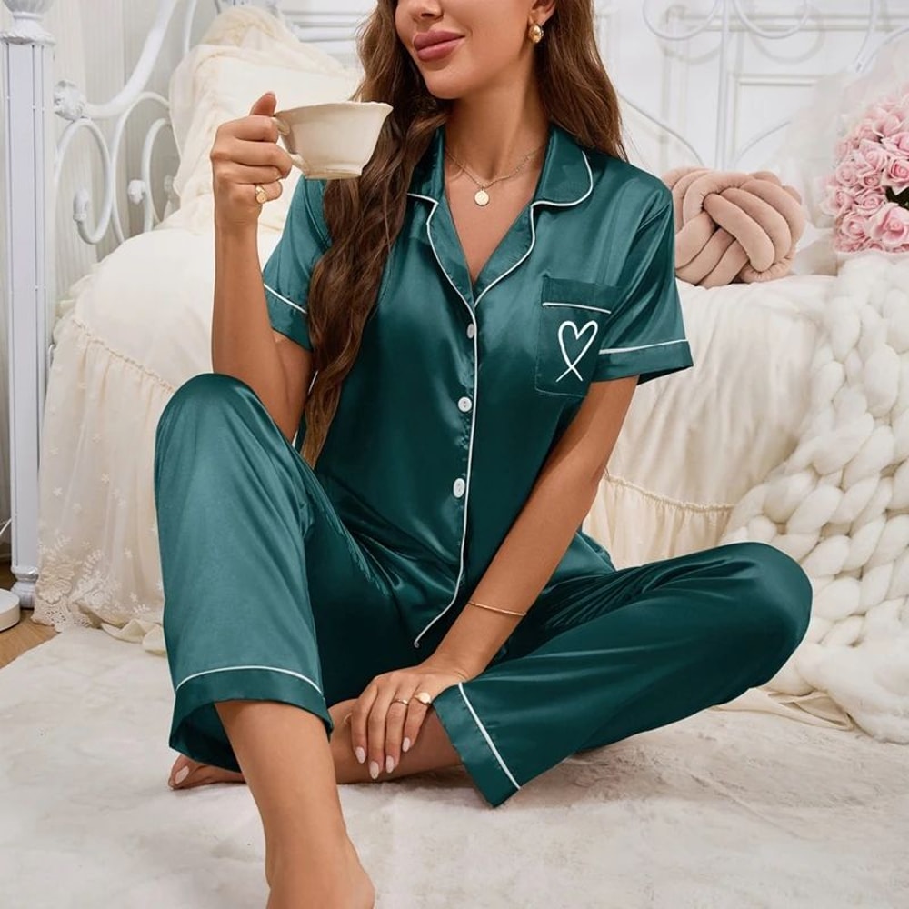 Women Short Sleeve ButtonDown Satin Pajama Set 7