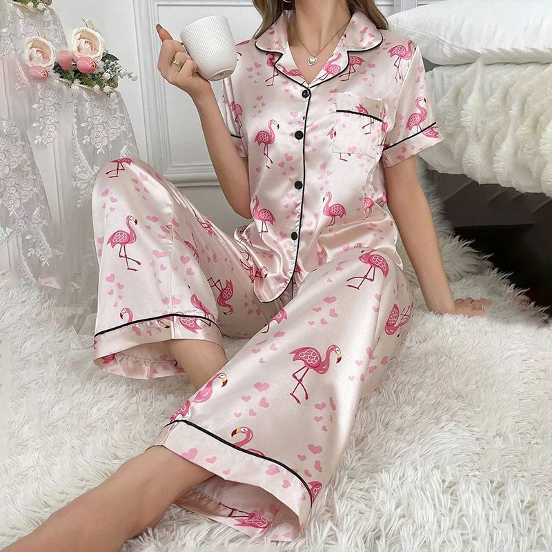 Women Short Sleeve ButtonDown Satin Pajama Set 12