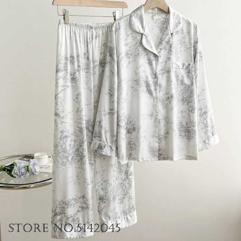 Women Floral Print Satin Pajama Set With Loose Top And Trousers 7