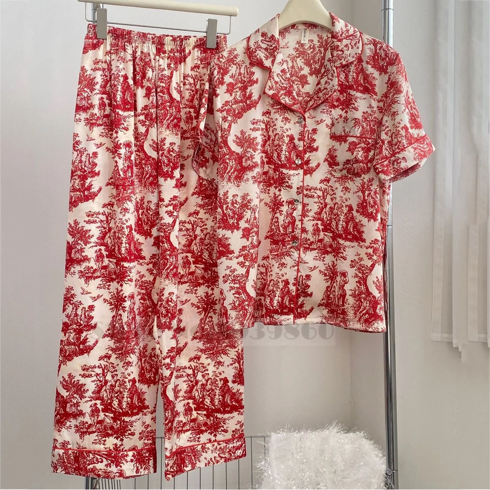 Women Floral Print Satin Pajama Set With Loose Top And Trousers 9