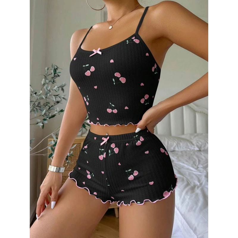 Women Summer Heart Print Ribbed Pajama Set With Backless Cami And Shorts 0