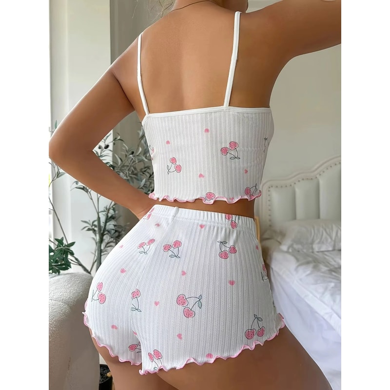 Women Summer Heart Print Ribbed Pajama Set With Backless Cami And Shorts 4