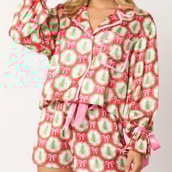 women christmas satin pajama set with long sleeve top and shorts