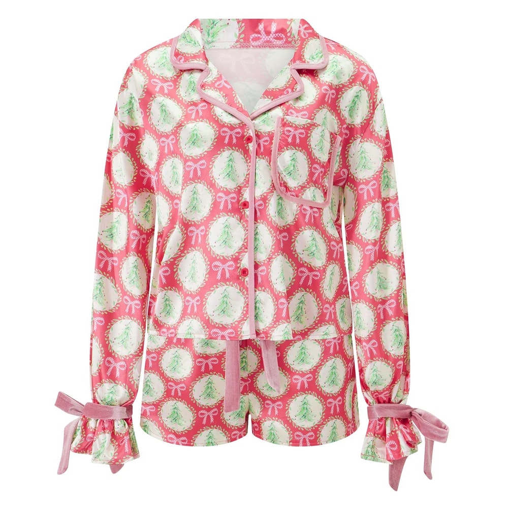 Women Christmas Satin Pajama Set With Long Sleeve Top And Shorts 3