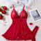 Women Red Lace Nightdress Set With Sheer V Neck Cami And Panties 2
