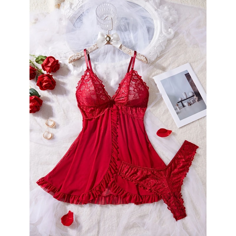 Women Red Lace Nightdress Set With Sheer V Neck Cami And Panties 2