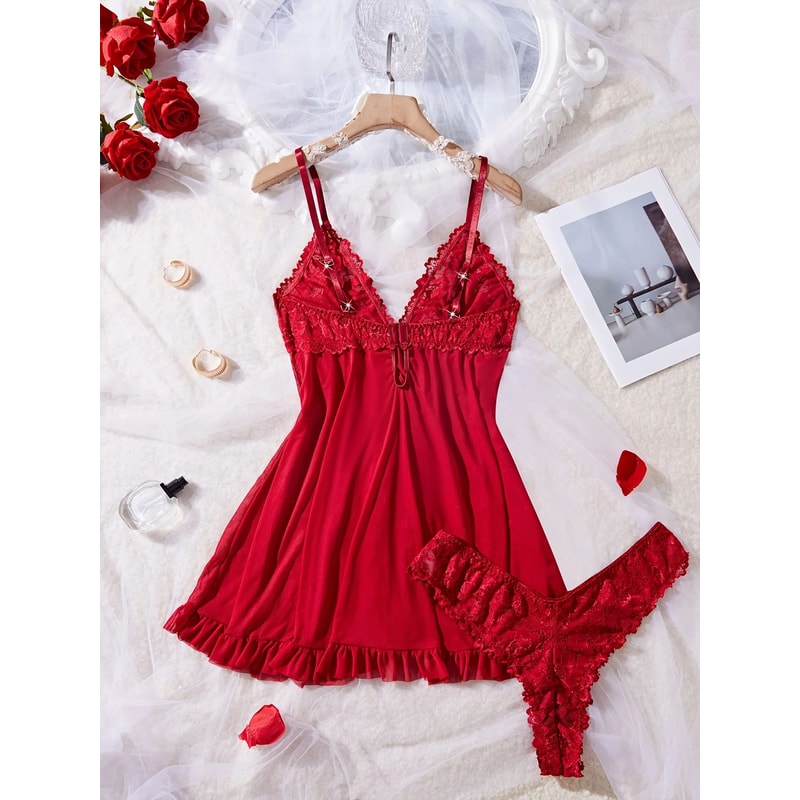Women Red Lace Nightdress Set With Sheer V Neck Cami And Panties 3