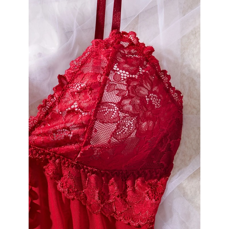 Women Red Lace Nightdress Set With Sheer V Neck Cami And Panties 4