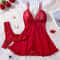 Women Red Lace Nightdress Set With Sheer V Neck Cami And Panties 7
