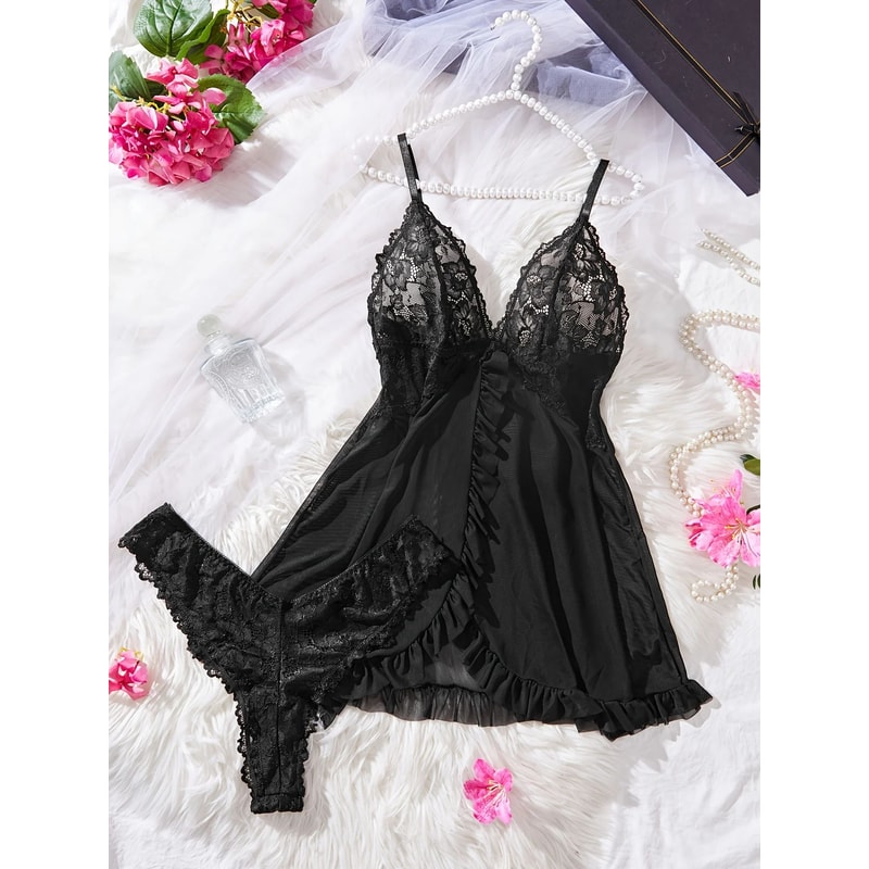 Women Red Lace Nightdress Set With Sheer V Neck Cami And Panties 8