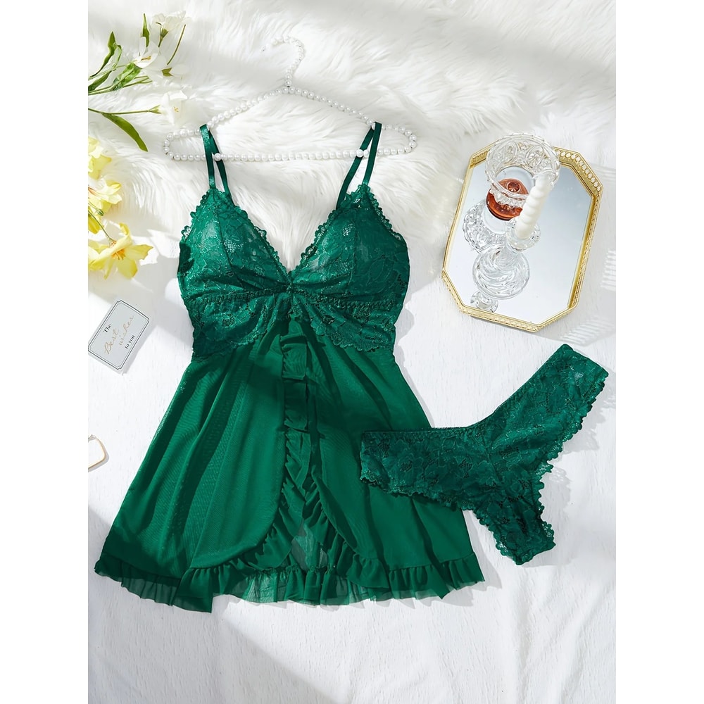 Women Red Lace Nightdress Set With Sheer V Neck Cami And Panties 9