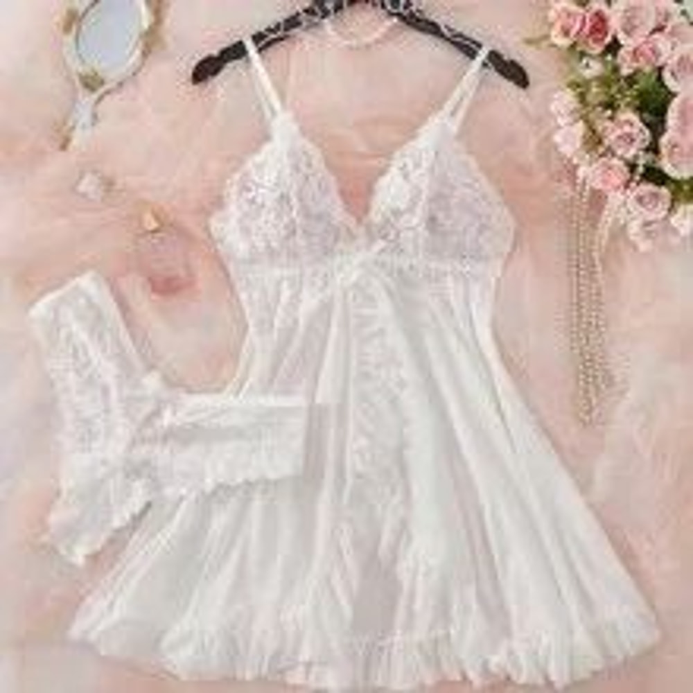 Women Red Lace Nightdress Set With Sheer V Neck Cami And Panties 10