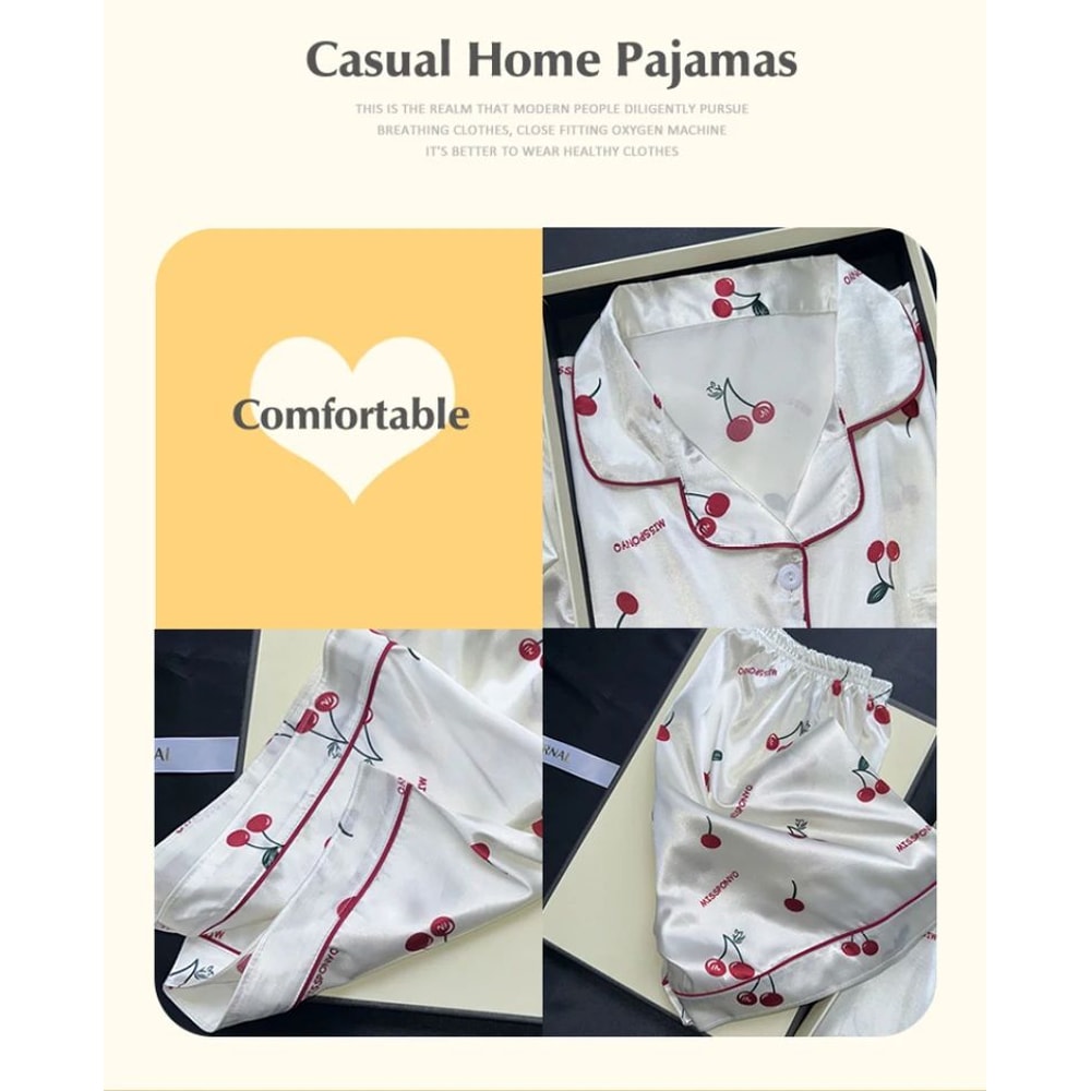 Women Cherry Print Satin Style Pajama Set With Top And Shorts 4