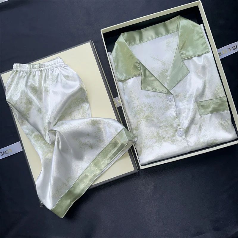 Women Cherry Print Satin Style Pajama Set With Top And Shorts 10