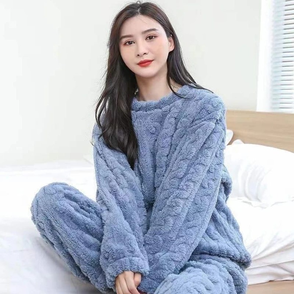 Women Autumn Warm Ribbed Velvet Fleece Pajama Set 5