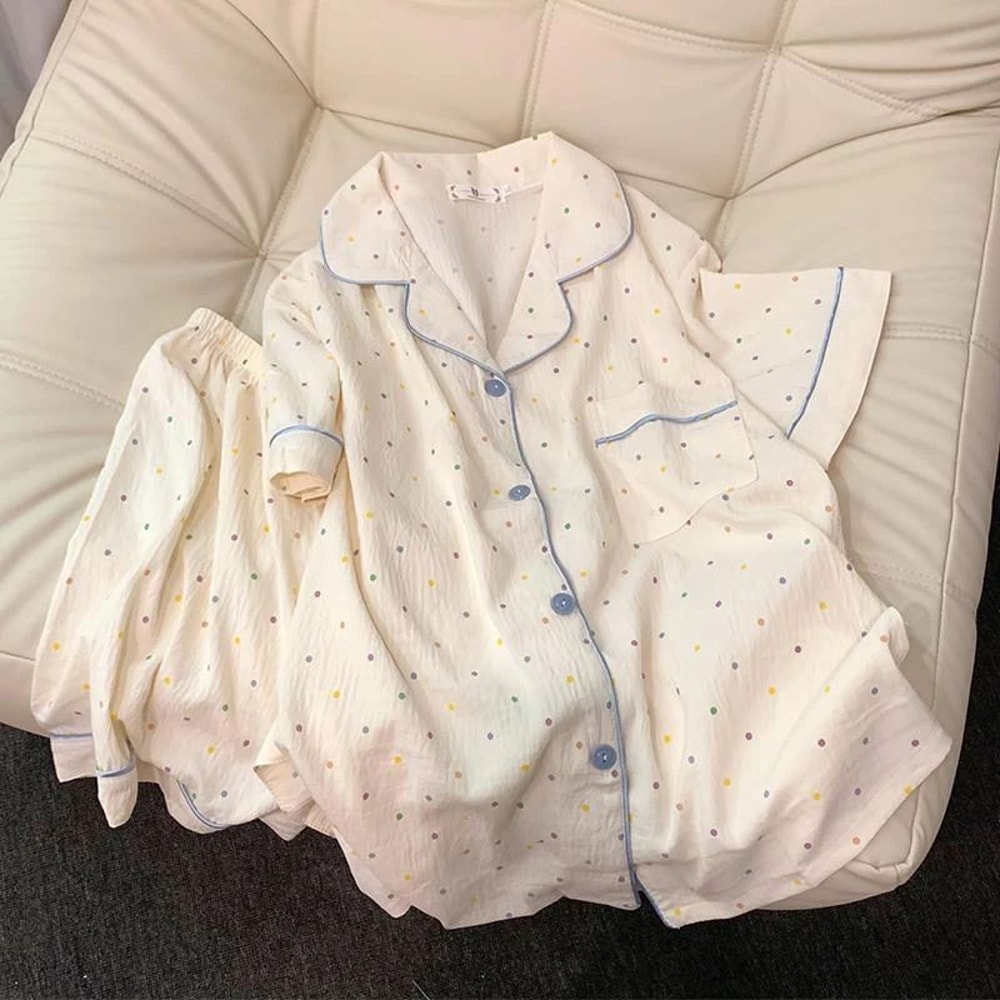 Women Polka Dot Cotton Pajama Set With Top And Shorts 0