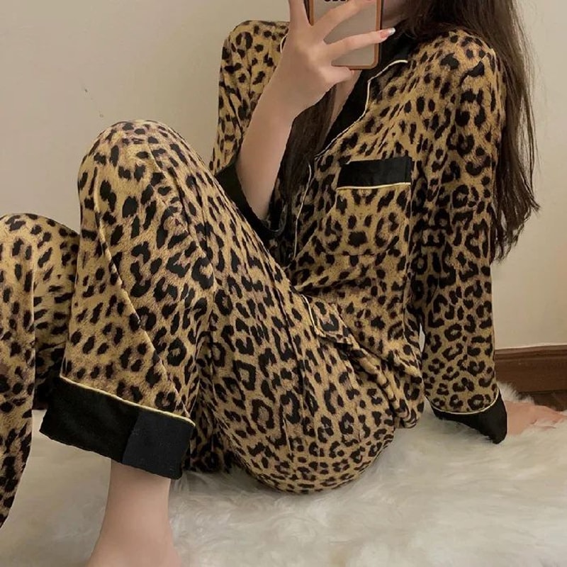 Women Leopard Print Long Sleeve Pajama Set 6
