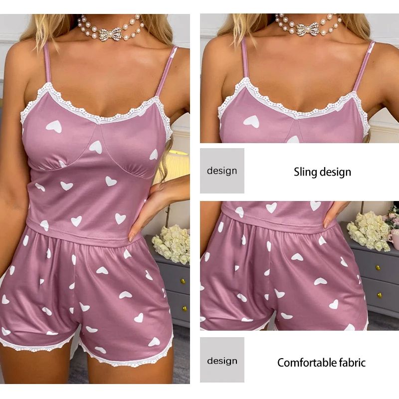 Women V Neck Lace Print Cami And Shorts Pajama Set 2
