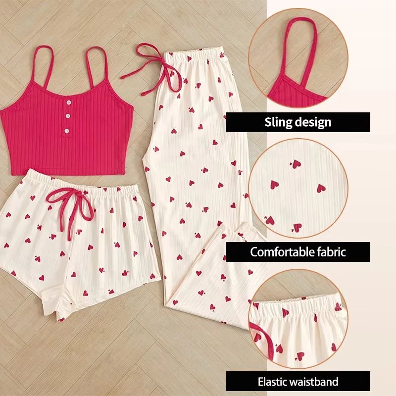 Women Three Piece Heart Print Ribbed Pajama Set 2