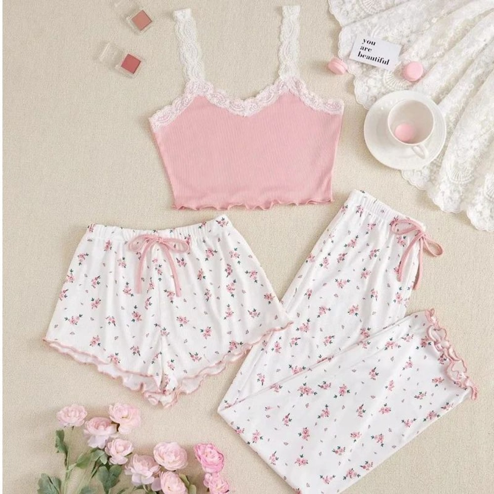 Women Three Piece Heart Print Ribbed Pajama Set 5