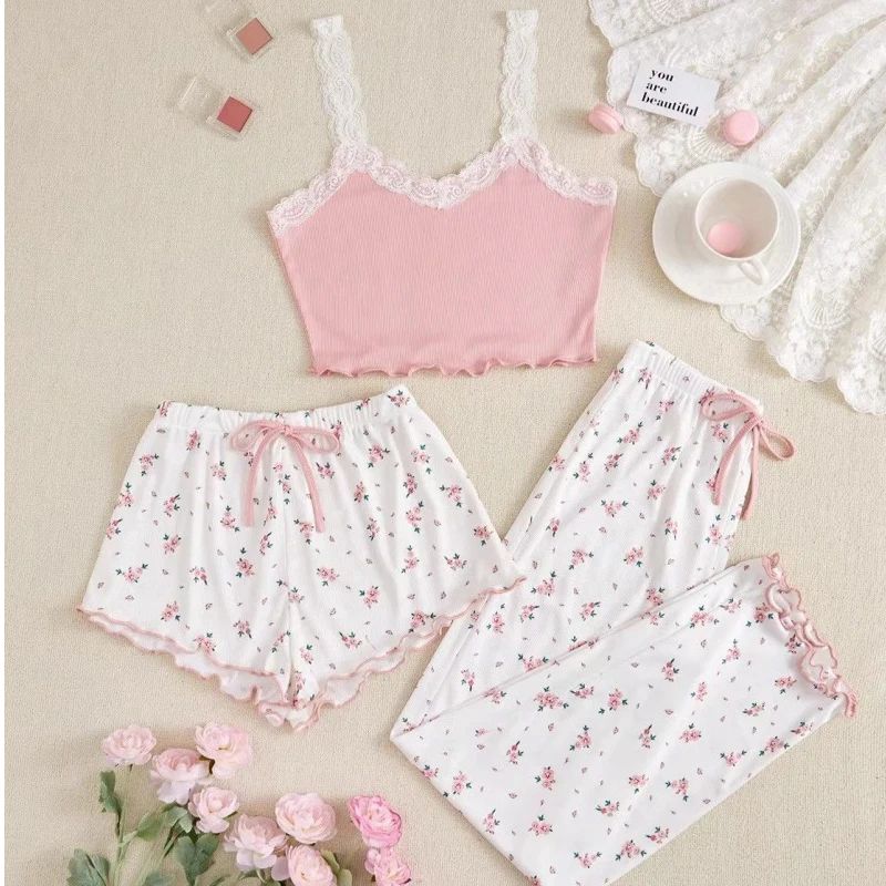 Women Three Piece Heart Print Ribbed Pajama Set 5