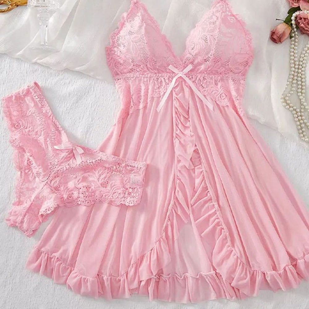 Women Summer Lace Nightgown Set With Suspender Dress And Thong 0