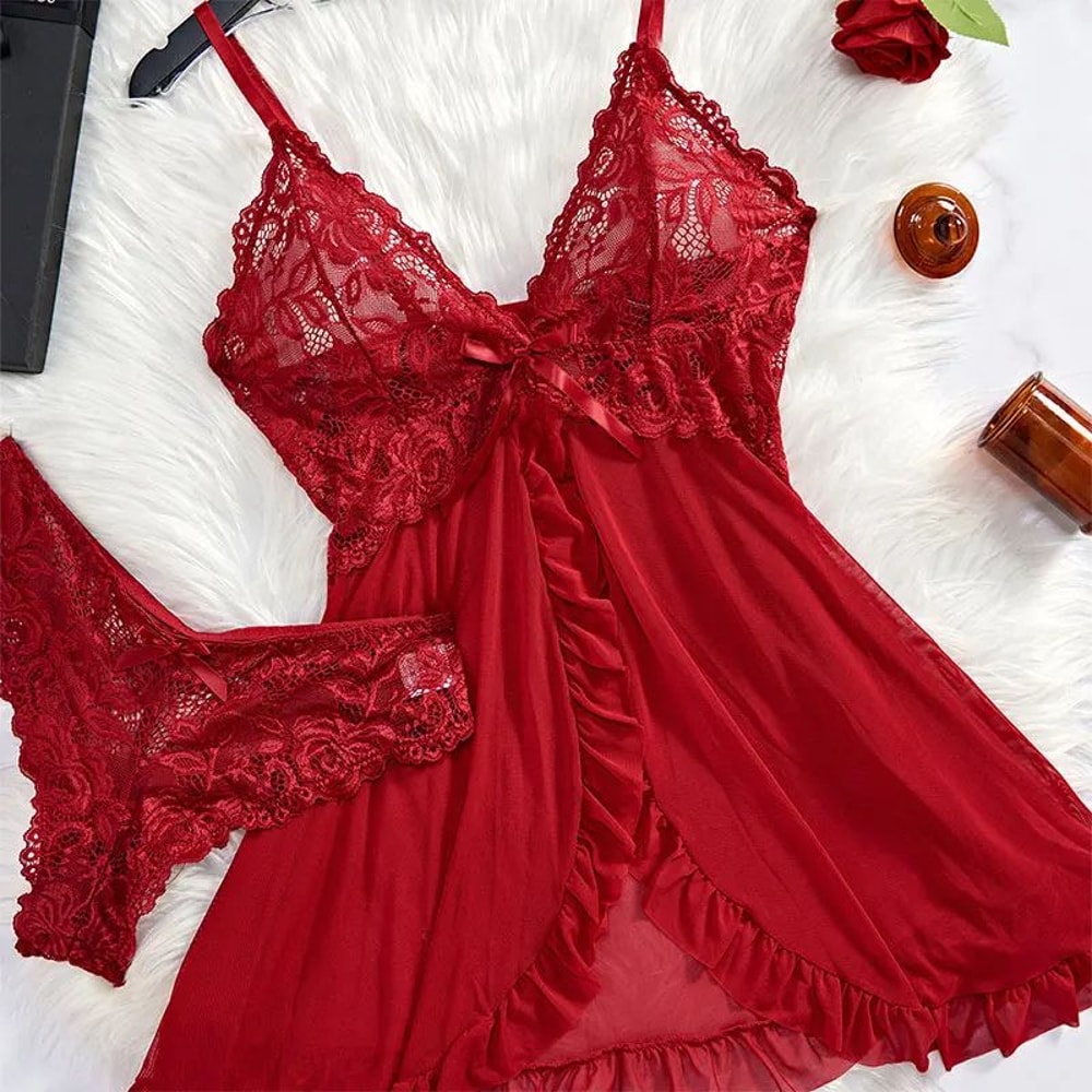 Women Summer Lace Nightgown Set With Suspender Dress And Thong 10