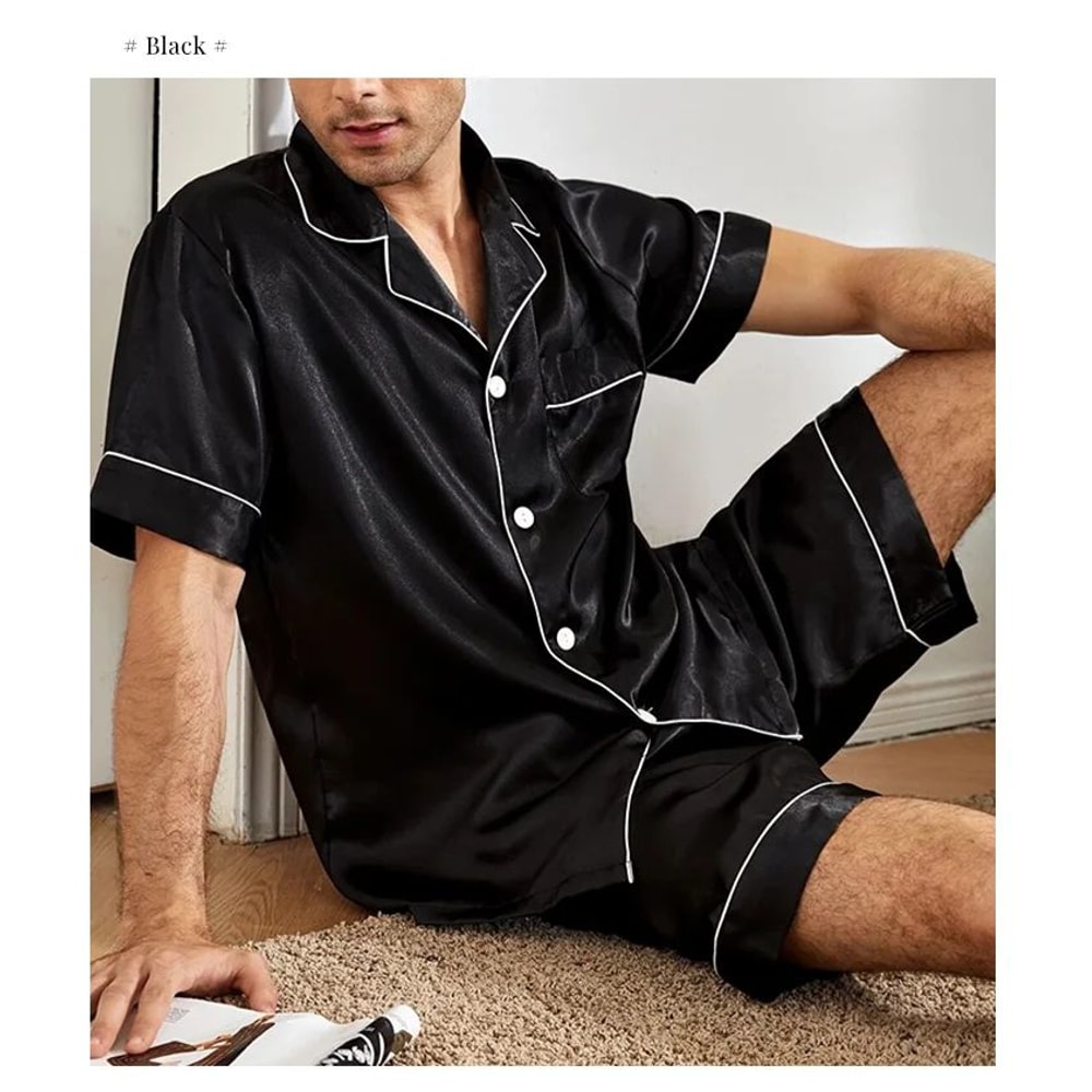 Men Summer Satin Pajama Set With Button Down Shirt And Shorts 5