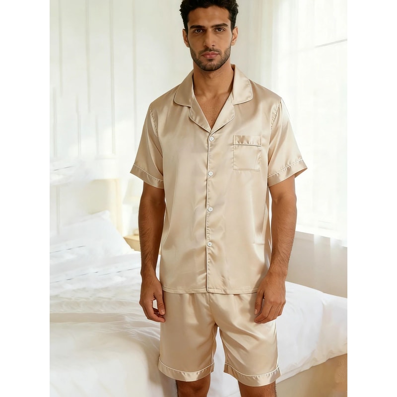 Men Summer Satin Pajama Set With Button Down Shirt And Shorts 8