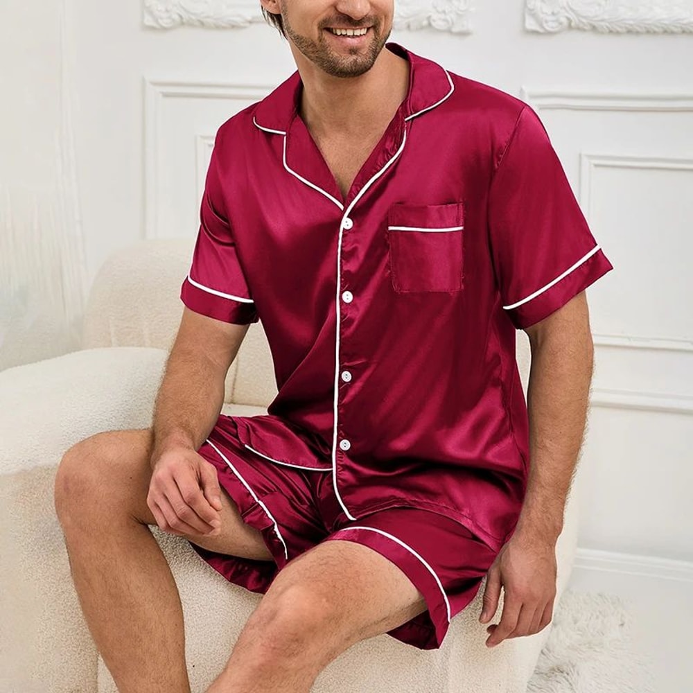 Men Summer Satin Pajama Set With Button Down Shirt And Shorts 15